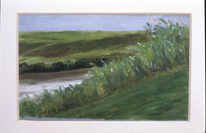 Diego Angeli, L'Aniene a valle del Ponte Tazio (Città Giardino) 1936, olio su carta Diego Angeli, L'Aniene a valle del Ponte Tazio (Città Giardino) 1936, olio su carta