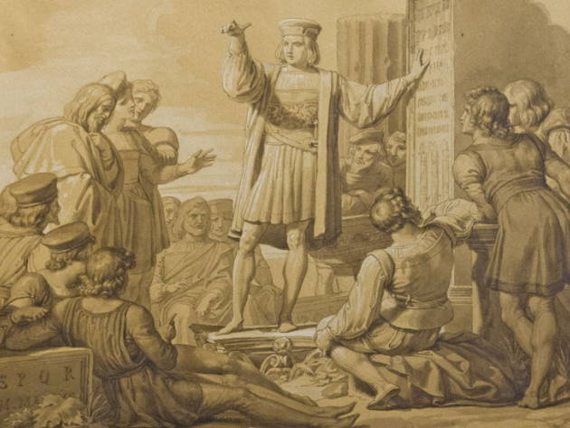 1350. Il Giubileo senza papa-Foto: Cola di Rienzo che spiega le antiche epigrafi ai Romani, inv.277, disegno acquerellato su carta, 1829. Roma, Galleria Carlo Virgilio & C.