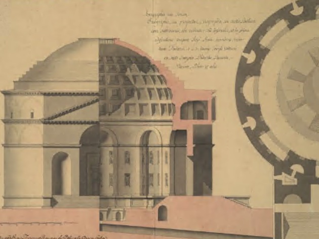 Alla studiosa Gioventù del Disegno. i Concorsi Clementini di architettura (1702–1869)-Foto: Claude-François Demesmay, Rilievo del Pantheon, pianta, prospetto e sezione, Concorso Clementino 1754, III classe, primo premio, grafite e inchiostro su carta Alla studiosa Gioventù del Disegno. i Concorsi Clementini di architettura (1702–1869)-Foto: Claude-François Demesmay, Rilievo del Pantheon, pianta, prospetto e sezione, Concorso Clementino 1754, III classe, primo premio, grafite e inchiostro su carta