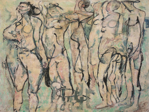 Fausto Pirandello. La magia del quotidiano-Foto: Fausto Pirandello - Bagnanti in acqua, 1961 olio su tavola, cm 104 x 137 - firmato in basso a sinistra Pirandello Roma, collezione privata