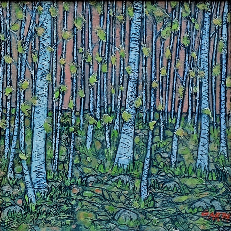 Garth Speight, Bosco di betulle, acrilico, cm. 34x34 Garth Speight, Bosco di betulle, acrilico, cm. 34x34