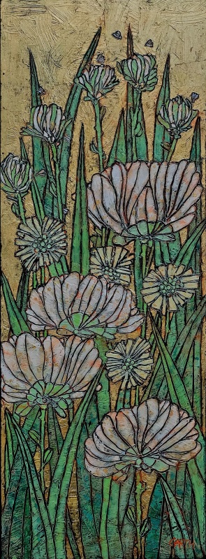 Garth Speight, Gruppo di crisantemi, acrilico, cm. 38x90 Garth Speight, Gruppo di crisantemi, acrilico, cm. 38x90