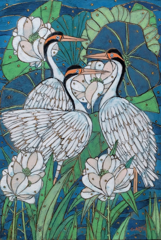 Garth Speight, Uccelli in uno stagno, acrilico, cm. 52x78 Garth Speight, Uccelli in uno stagno, acrilico, cm. 52x78