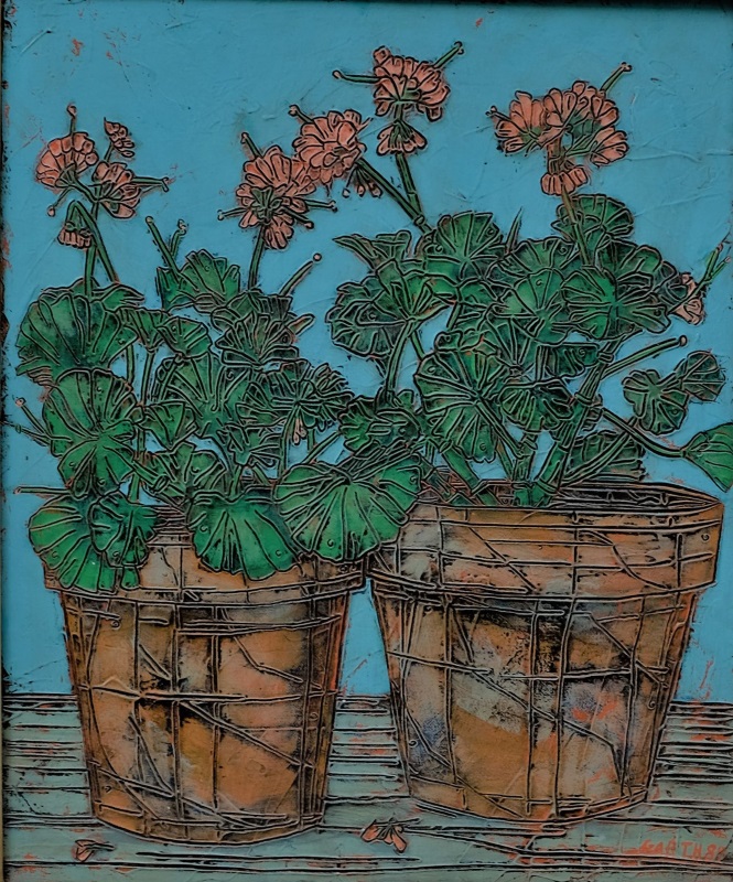 Garth Speight, Vasi con gerani, acrilico, cm. 45x55 Garth Speight, Vasi con gerani, acrilico, cm. 45x55