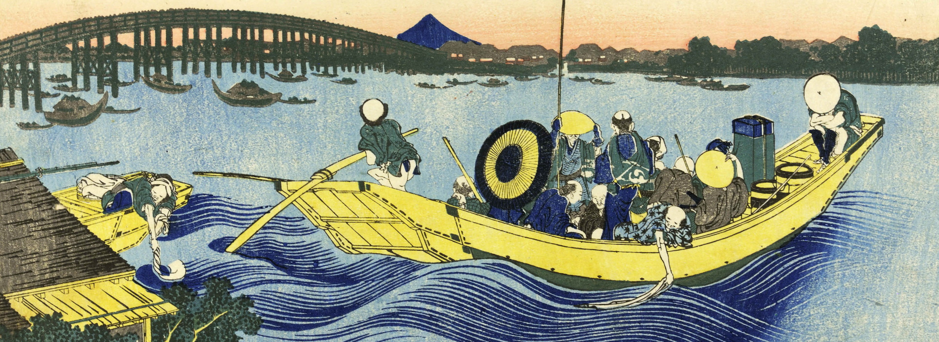 Katsushika Hokusai, Veduta del tramonto presso il ponte Ryōgoku dalla sponda del pontile di Onmaya dalla serie Trentasei vedute del monte Fuji