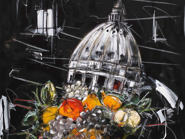 Marco Tamburro, La tavola del Cardinale, 2025-2026, Da Caravaggio, “Canestra di frutta”, 1597-1599 ca., Collezione privata Marco Tamburro, La tavola del Cardinale, 2025-2026, Da Caravaggio, “Canestra di frutta”, 1597-1599 ca., Collezione privata