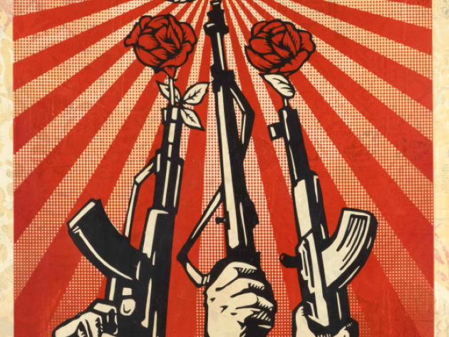 Shepard Fairey, Guns and Roses, 2019, Silkscreen and mixed media collage on paper