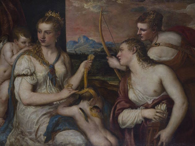 Tiziano Vecellio (Pieve di Cadore 1488-90-Venezia 1576) Venere che benda Amore, 1560-1565 ca. olio su tela,116x184 cm Galleria Borghese, Roma ©Galleria Borghese Tiziano Vecellio, Venere che benda Amore, olio su tela,116x184 cm, ©Galleria Borghese