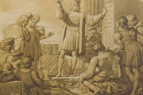 1350. Il Giubileo senza papa-Foto: Cola di Rienzo che spiega le antiche epigrafi ai Romani, inv.277, disegno acquerellato su carta, 1829. Roma, Galleria Carlo Virgilio & C.