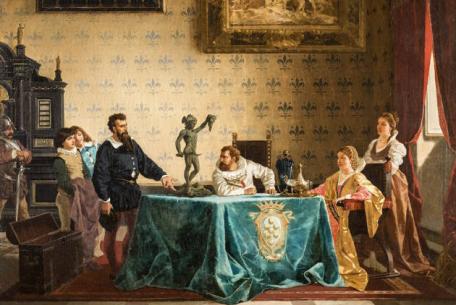 Amos Cassioli (Asciano, 1832 – Firenze, 1891, Benvenuto Cellini presenta il bozzetto del Perseo a Cosimo I de’ Medici, duca di Toscana, 1876 ca. Olio su tela/Oil on canvas, Siena, Collezione Roberto Bianchi Amos Cassioli (Asciano, 1832 – Firenze, 1891, Benvenuto Cellini presenta il bozzetto del Perseo a Cosimo I de’ Medici, duca di Toscana, 1876 ca. Olio su tela/Oil on canvas, Siena, Collezione Roberto Bianchi