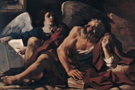 Angeli - Messaggeri, custodi e viandanti, le sublimi creature dall'Antico al Contemporaneo-Foto: Guercino, San Matteo e l’Angelo (1622), olio su tela, inv. PC55, Pinacoteca Capitolina