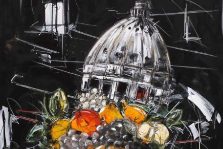 Marco Tamburro, La tavola del Cardinale, 2025-2026, Da Caravaggio, “Canestra di frutta”, 1597-1599 ca., Collezione privata Marco Tamburro, La tavola del Cardinale, 2025-2026, Da Caravaggio, “Canestra di frutta”, 1597-1599 ca., Collezione privata
