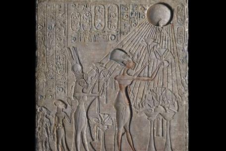 Relief of Akhenaten, Nefertiti and Two Princesses Worshipping the Aten Dynasty 18 Limestone, pigment H. 52 cm, W. 48 cm, L. 8 cm Egyptian Museum, Cairo, Photo credit: © Fotografie di Massimo Listri Relief of Akhenaten, Nefertiti and Two Princesses Worshipping the Aten Dynasty 18 Limestone, pigment H. 52 cm, W. 48 cm, L. 8 cm Egyptian Museum, Cairo, Photo credit: © Fotografie di Massimo Listri