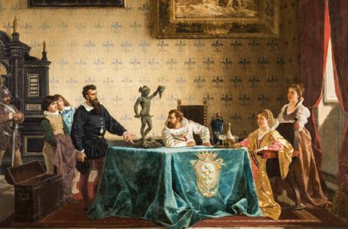 Amos Cassioli (Asciano, 1832 – Firenze, 1891, Benvenuto Cellini presenta il bozzetto del Perseo a Cosimo I de’ Medici, duca di Toscana, 1876 ca. Olio su tela/Oil on canvas, Siena, Collezione Roberto Bianchi