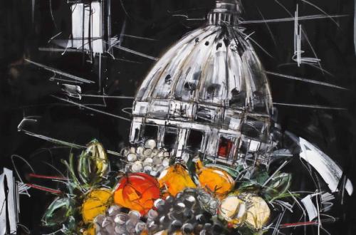 Marco Tamburro, La tavola del Cardinale, 2025-2026, Da Caravaggio, “Canestra di frutta”, 1597-1599 ca., Collezione privata Marco Tamburro, La tavola del Cardinale, 2025-2026, Da Caravaggio, “Canestra di frutta”, 1597-1599 ca., Collezione privata
