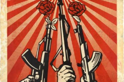 Shepard Fairey, Guns and Roses, 2019, Silkscreen and mixed media collage on paper