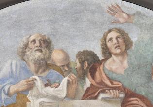 Gli Apostoli intorno al sepolcro vuoto. Particolare. Affresco trasportato su tela, Museo Nacional de Arte de Cataluña.Depósito de la Real Academia de Bellas Artes de Sant Jordi