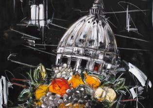 Marco Tamburro, La tavola del Cardinale, 2025-2026, Da Caravaggio, “Canestra di frutta”, 1597-1599 ca., Collezione privata Marco Tamburro, La tavola del Cardinale, 2025-2026, Da Caravaggio, “Canestra di frutta”, 1597-1599 ca., Collezione privata