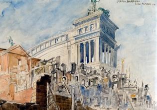 Maria Barosso, artista e archeologa nella Roma in trasformazione-Foto: Maria Barosso, Demolizione delle case in Via Cremona al Foro di Cesare