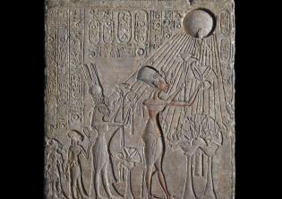 Relief of Akhenaten, Nefertiti and Two Princesses Worshipping the Aten Dynasty 18 Limestone, pigment H. 52 cm, W. 48 cm, L. 8 cm Egyptian Museum, Cairo, Photo credit: © Fotografie di Massimo Listri